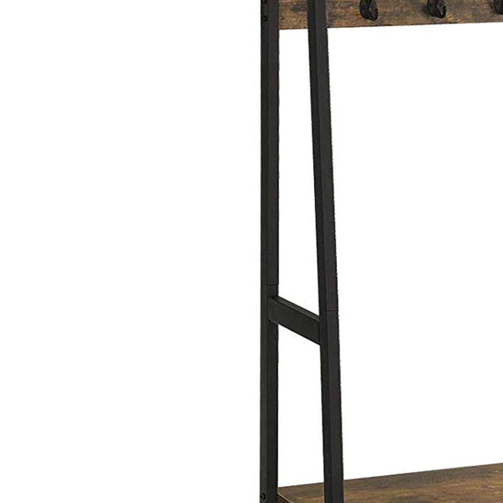 Brown and Black Iron Framed Coat Rack with 2-Storage Shelves and Hanging Rail by Benjara 2 Brown and Black Iron Framed Coat Rack with 2-Storage Shelves and Hanging Rail by Benjara - Image 2