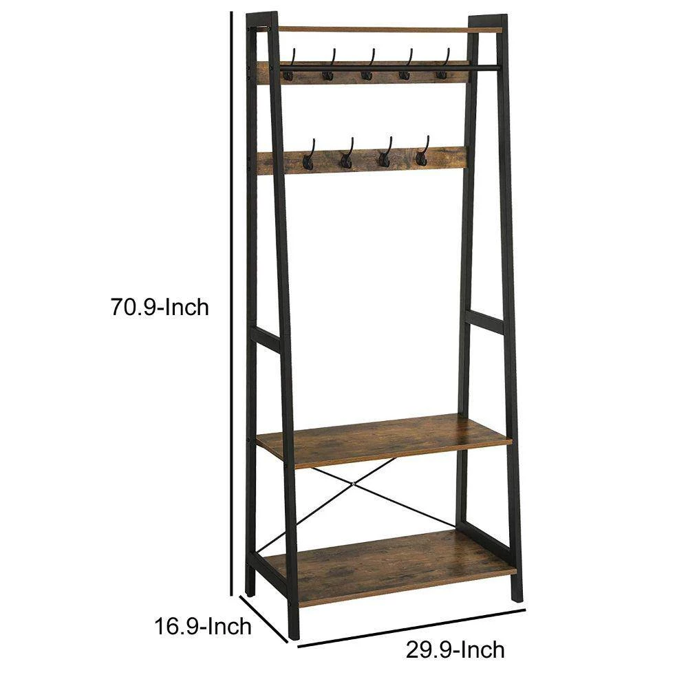 Brown and Black Iron Framed Coat Rack with 2-Storage Shelves and Hanging Rail by Benjara 7 Brown and Black Iron Framed Coat Rack with 2-Storage Shelves and Hanging Rail by Benjara - Image 7