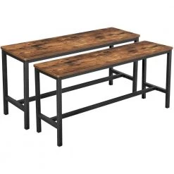 Rustic Brown and Black Wooden Top Indoor Bench with Metal Legs (Set of 2) 12.8" L x 42.5" W x 19.7" H by Benjara