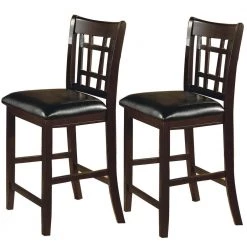 Lattice Back 24 in. Wooden Counter Height Chair with Leatherette Seat (Set of 2) by Benjara