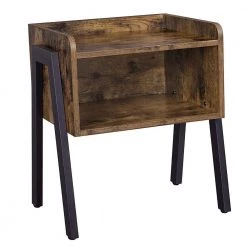 Brown and Black Wooden Stackable End Table with Inverted Iron Legs and Storage Compartment by Benjara