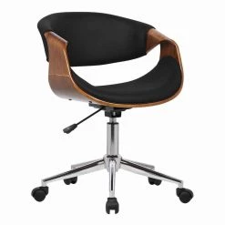 Brown and Black Curved Leatherette Wooden Frame Adjustable Office Chair by Benjara