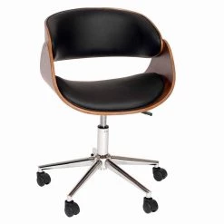 Brown and Black Wooden and Metal Office Chair with Curved Leatherette Seat by Benjara