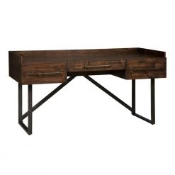 63 in. W Brown and Black Wooden Three Drawers Desk with Tubular Metal Base and Bar Handles by Benjara