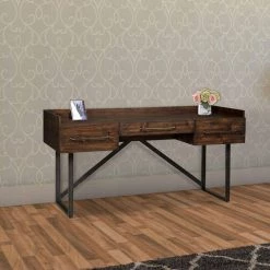 63 in. W Brown and Black Wooden Three Drawers Desk with Tubular Metal Base and Bar Handles by Benjara -Cheap Benjara Store brown and black benjara executive desks bm190078 c3 1000