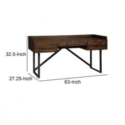 63 in. W Brown and Black Wooden Three Drawers Desk with Tubular Metal Base and Bar Handles by Benjara -Cheap Benjara Store brown and black benjara executive desks bm190078 fa 1000