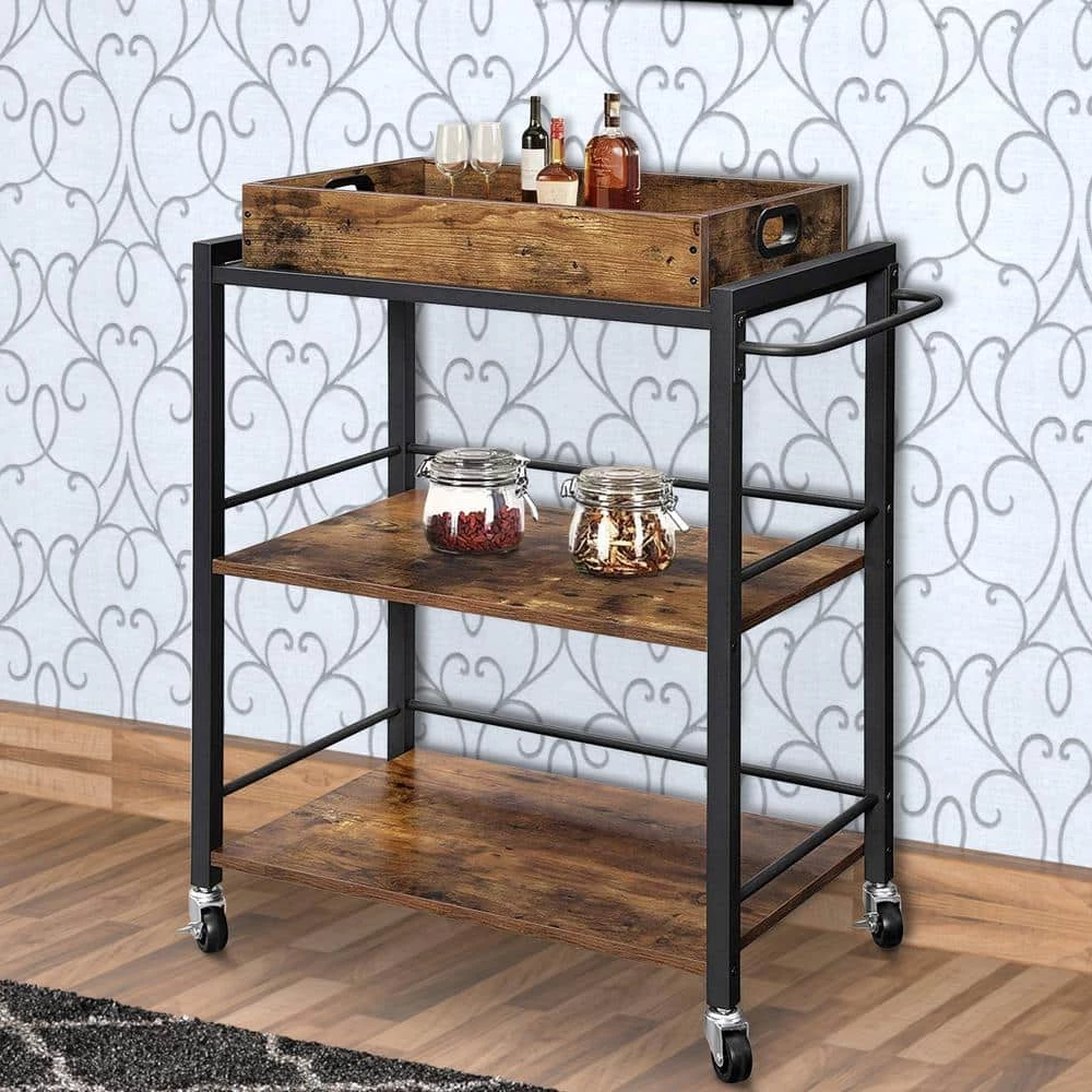 Brown and Black Tray Top Wooden Kitchen Cart with 2-Shelves and Casters by Benjara 6 Brown and Black Tray Top Wooden Kitchen Cart with 2-Shelves and Casters by Benjara - Image 6