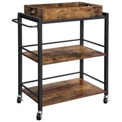 Brown and Black Tray Top Wooden Kitchen Cart with 2-Shelves and Casters by Benjara