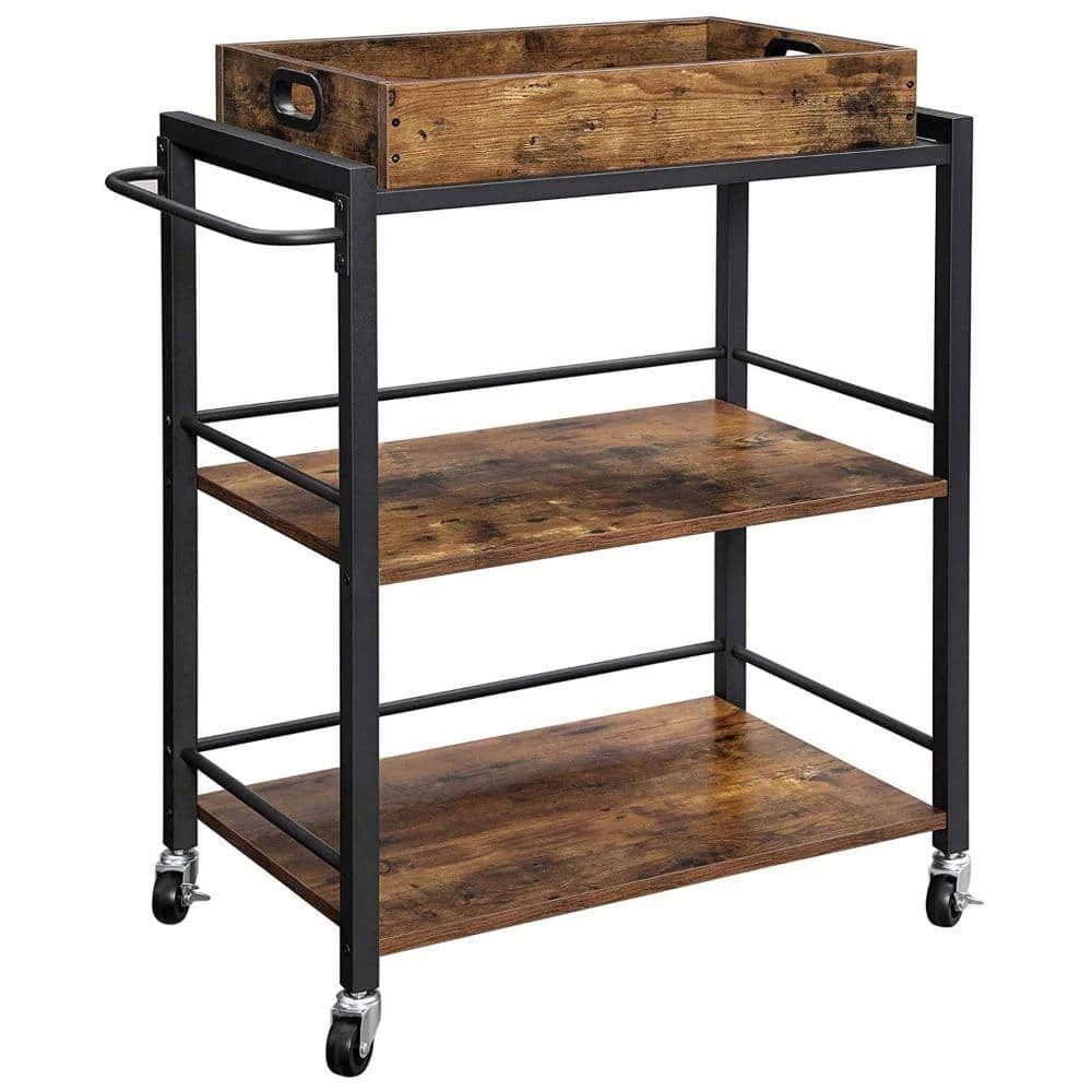 Brown and Black Tray Top Wooden Kitchen Cart with 2-Shelves and Casters by Benjara 1 Brown and Black Tray Top Wooden Kitchen Cart with 2-Shelves and Casters by Benjara
