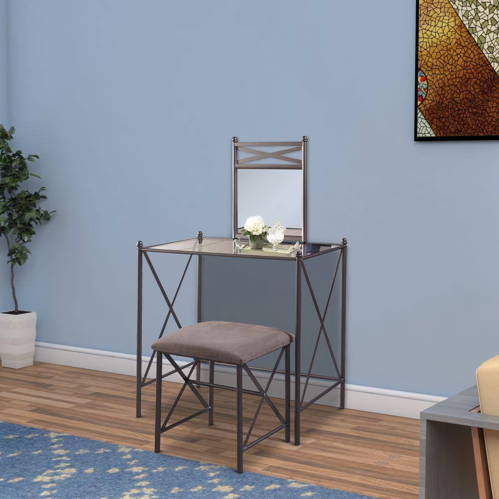 Brown and Black Metal and Glass Vanity Set with Crossbar Support 31 in. x 32 in. x 18 in. by Benjara 6 Brown and Black Metal and Glass Vanity Set with Crossbar Support 31 in. x 32 in. x 18 in. by Benjara - Image 6