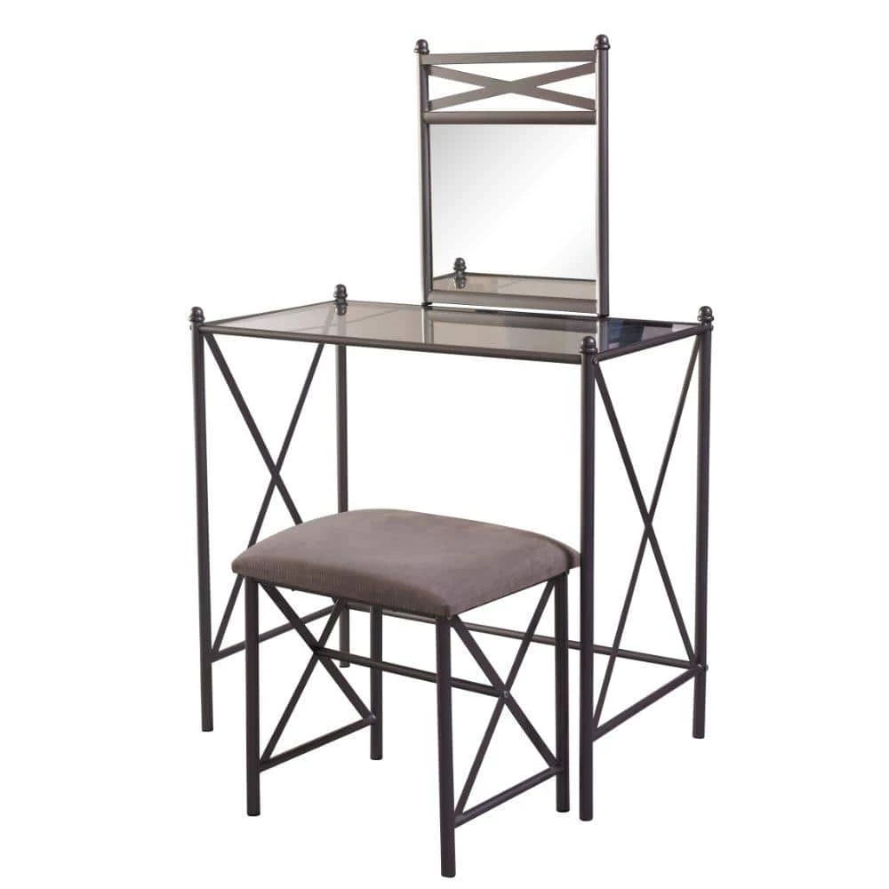 Brown and Black Metal and Glass Vanity Set with Crossbar Support 31 in. x 32 in. x 18 in. by Benjara 1 Brown and Black Metal and Glass Vanity Set with Crossbar Support 31 in. x 32 in. x 18 in. by Benjara
