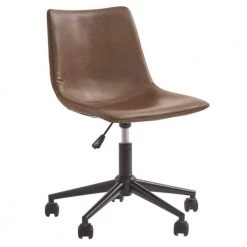 Brown and Black Metal Swivel Chair with Faux Leather Upholstery and Adjustable Seat by Benjara