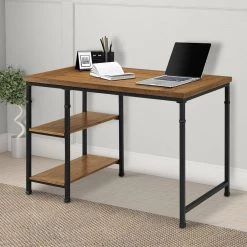 45 in. Rectangular Brown and Black Wooden Writing Desk with Two Open Shelves and Metal Legs by Benjara -Cheap Benjara Store brown and black benjara writing desks bm144109 31 1000