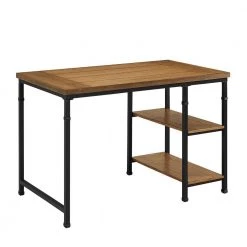 45 in. Rectangular Brown and Black Wooden Writing Desk with Two Open Shelves and Metal Legs by Benjara