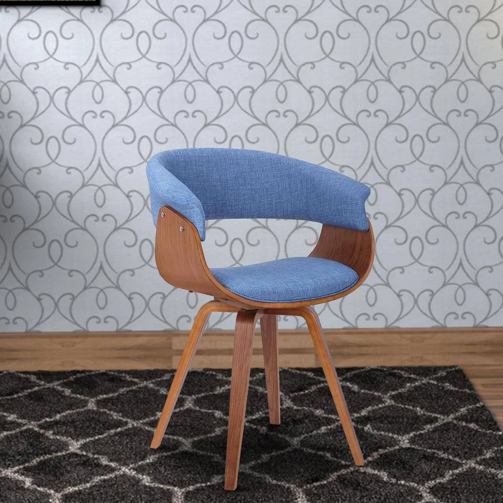 Brown and Blue Mid Century Wooden Dining Chair with Curved Fabric Seating by Benjara 6 Brown and Blue Mid Century Wooden Dining Chair with Curved Fabric Seating by Benjara - Image 6