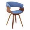 Brown and Blue Mid Century Wooden Dining Chair with Curved Fabric Seating by Benjara