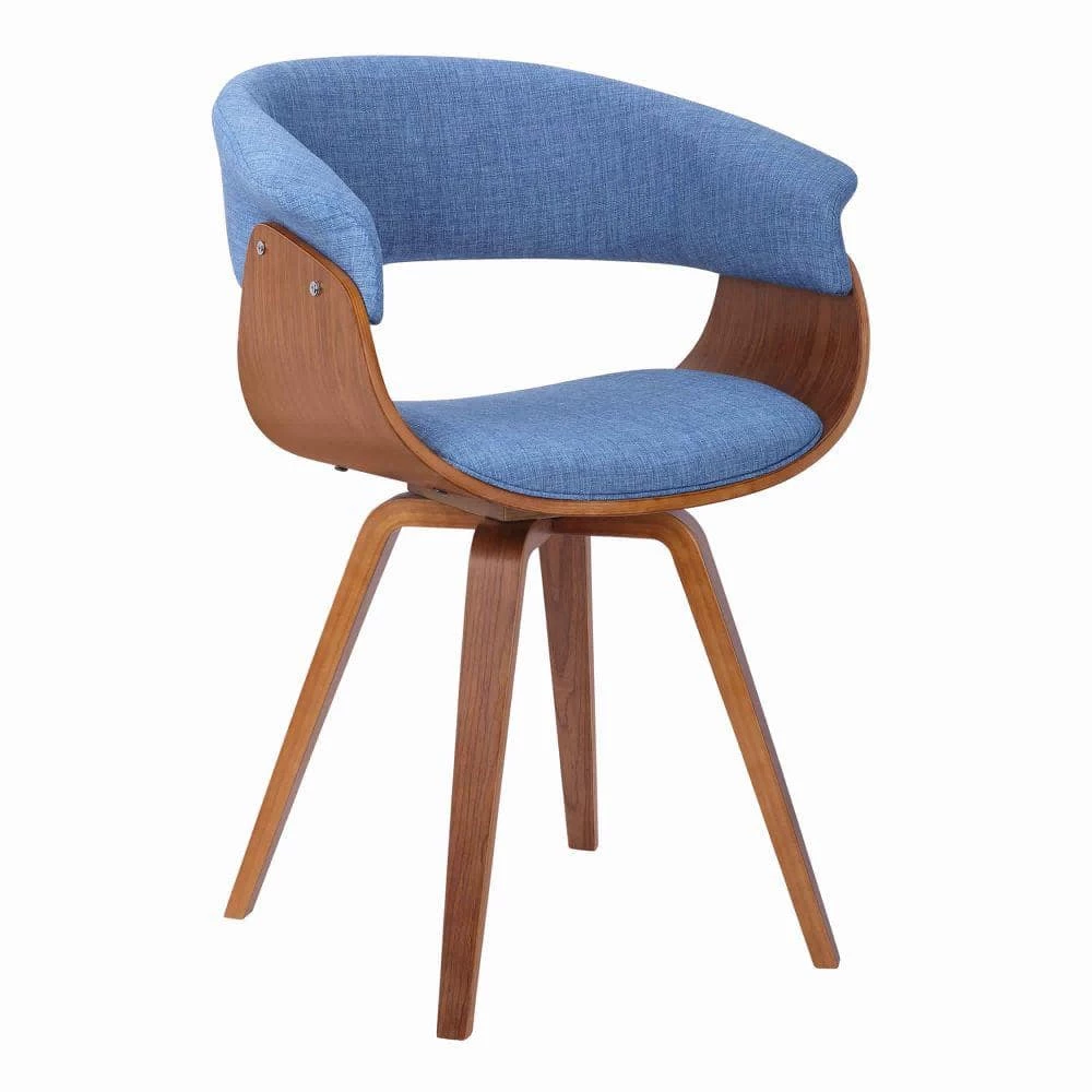 Brown and Blue Mid Century Wooden Dining Chair with Curved Fabric Seating by Benjara 1 Brown and Blue Mid Century Wooden Dining Chair with Curved Fabric Seating by Benjara
