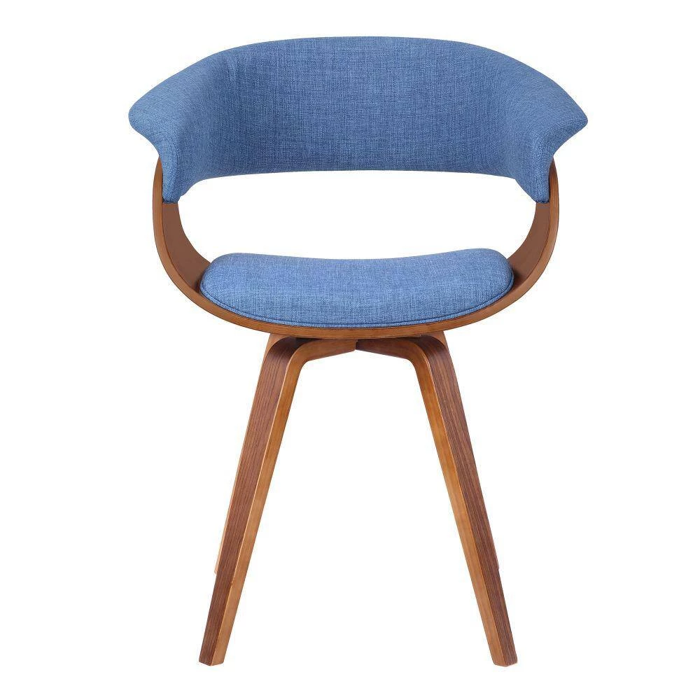 Brown and Blue Mid Century Wooden Dining Chair with Curved Fabric Seating by Benjara 2 Brown and Blue Mid Century Wooden Dining Chair with Curved Fabric Seating by Benjara - Image 2