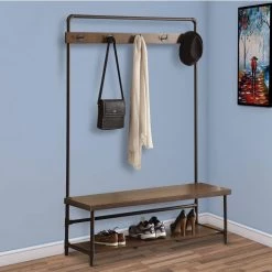 Industrial Inspired Brown and Bronze Hall Tree with Built in Bench by Benjara -Cheap Benjara Store brown and bronze benjara hall trees bm160141 31 1000