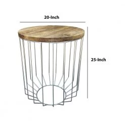 20 in. W Light Brown and Chrome Round Wooden Top Accent Side End Table with Wire Metal Base by Benjara -Cheap Benjara Store brown and chrome benjara end side tables i305 hgm023 44 1000