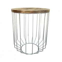 20 in. W Light Brown and Chrome Round Wooden Top Accent Side End Table with Wire Metal Base by Benjara