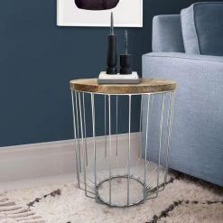 20 in. W Light Brown and Chrome Round Wooden Top Accent Side End Table with Wire Metal Base by Benjara -Cheap Benjara Store brown and chrome benjara end side tables i305 hgm023 fa 1000