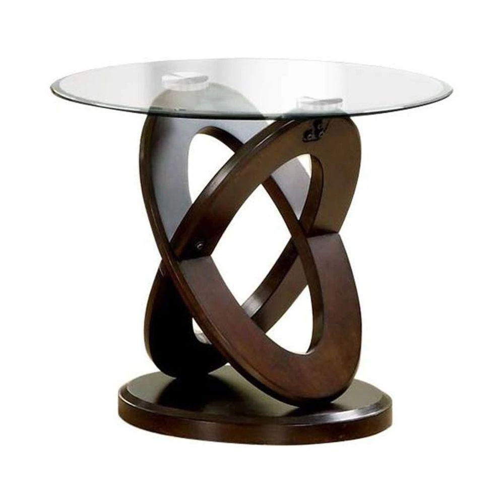26 in. W Brown and Clear Cross Oval Base End Table with Round Glass Top by Benjara 2 26 in. W Brown and Clear Cross Oval Base End Table with Round Glass Top by Benjara - Image 2
