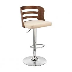 44 in. Brown and Cream Metal Framed Adjustable Barstool with Curved Open Wooden Back by Benjara