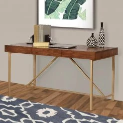 Modern Style 24 in. W Rectangular Walnut Brown and Gold Wooden Writing Desk with Unique Metal Legs by Benjara -Cheap Benjara Store brown and gold benjara writing desks bm183188 31 1000