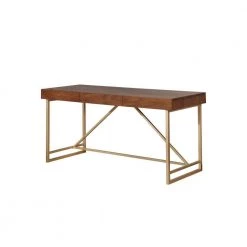 Modern Style 24 in. W Rectangular Walnut Brown and Gold Wooden Writing Desk with Unique Metal Legs by Benjara
