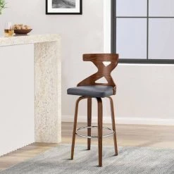 40 in. Brown and Gray Swivel Barstool with Curved Wooden x Back by Benjara -Cheap Benjara Store brown and gray benjara bar stools bm270000 31 1000