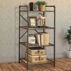 49.25 in. Brown/Gray Metal 4-shelf Standard Bookcase with Open Back by Benjara -Cheap Benjara Store brown and gray benjara bookcases bookshelves bm184753 31 1000