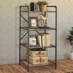 49.25 in. Brown/Gray Metal 4-shelf Standard Bookcase with Open Back by Benjara -Cheap Benjara Store brown and gray benjara bookcases bookshelves bm184753 c3 1000