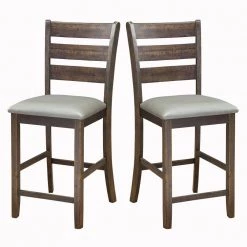 Brown and Gray Wooden Pub Height Chairs with Slatted Back and Footrest (Set of Two) by Benjara