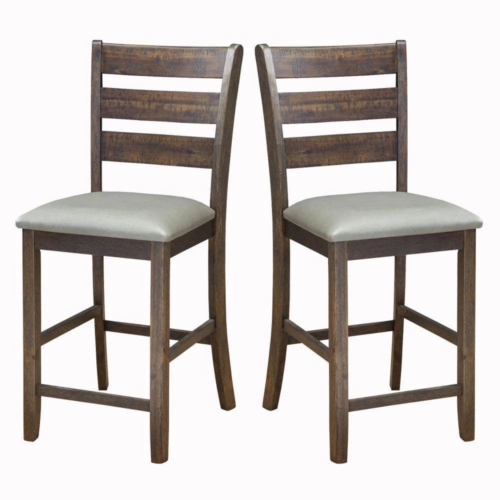 Brown and Gray Wooden Pub Height Chairs with Slatted Back and Footrest (Set of Two) by Benjara 1 Brown and Gray Wooden Pub Height Chairs with Slatted Back and Footrest (Set of Two) by Benjara