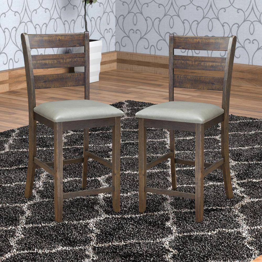 Brown and Gray Wooden Pub Height Chairs with Slatted Back and Footrest (Set of Two) by Benjara 6 Brown and Gray Wooden Pub Height Chairs with Slatted Back and Footrest (Set of Two) by Benjara - Image 6