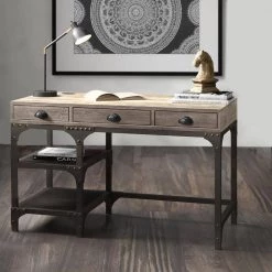 23.86 in. W x 28.98 in. H Brown and Gray Wooden and Metal Desk with 3-Drawers and 2-Side Shelves by Benjara -Cheap Benjara Store brown and gray benjara writing desks bm185351 c3 1000