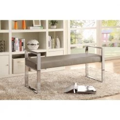 Brown and Silver Metal Frame Bench with Faux Leather Upholstered Cushion Seat 48 in. L x 18 in. W x 23.5 in. H by Benjara -Cheap Benjara Store brown and silver benjara dining benches bm159002 31 1000