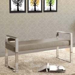 Brown and Silver Metal Frame Bench with Faux Leather Upholstered Cushion Seat 48 in. L x 18 in. W x 23.5 in. H by Benjara -Cheap Benjara Store brown and silver benjara dining benches bm159002 fa 1000