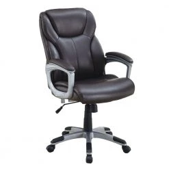 Brown and Silver Leatherette Office Chair with Adjustable Height and Casters by Benjara