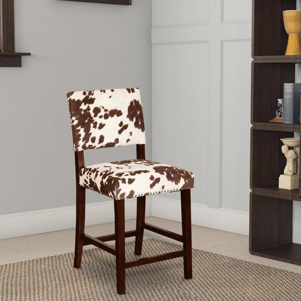 38.75 in. H Brown and White Wooden Counter Stool with Cow Print Upholstery by Benjara 7 38.75 in. H Brown and White Wooden Counter Stool with Cow Print Upholstery by Benjara - Image 7