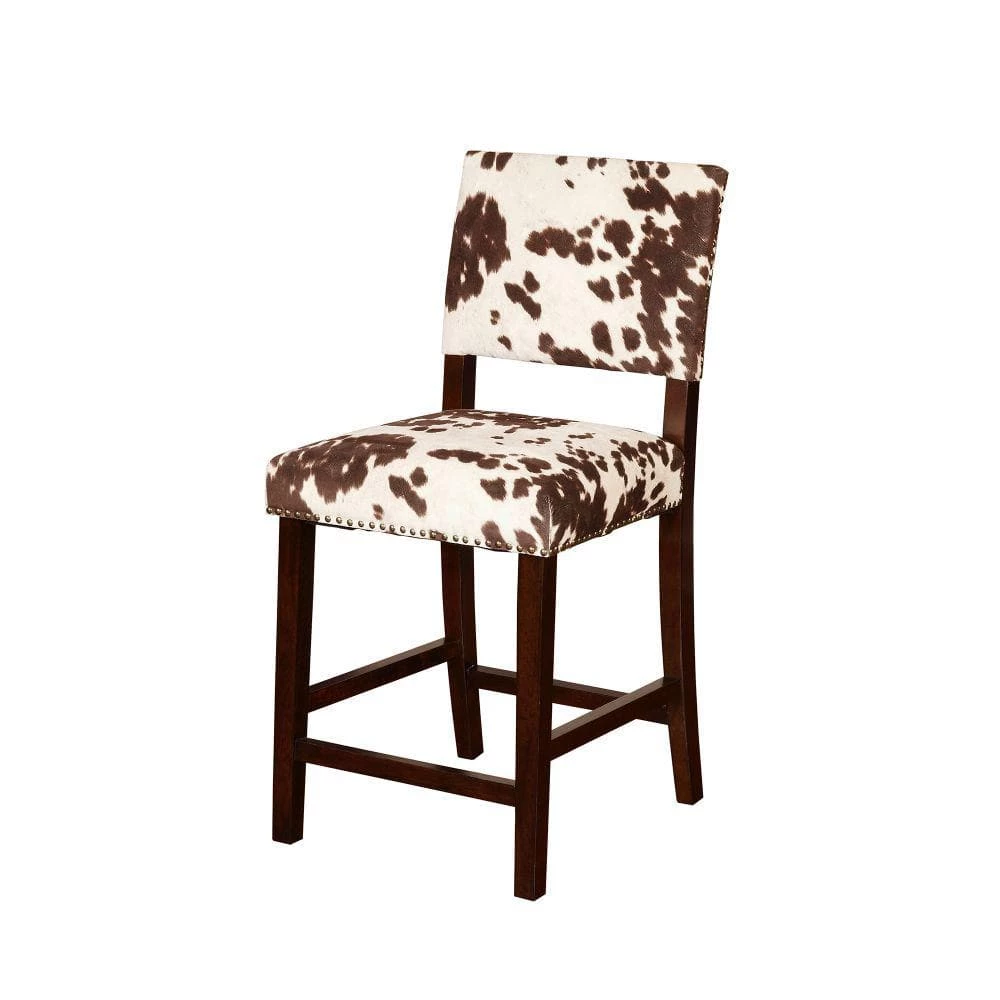 38.75 in. H Brown and White Wooden Counter Stool with Cow Print Upholstery by Benjara 1 38.75 in. H Brown and White Wooden Counter Stool with Cow Print Upholstery by Benjara