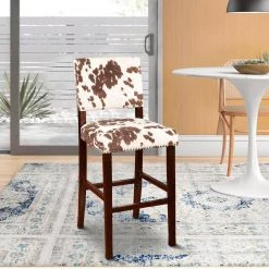 44.75 in. H Brown and White Wooden Bar Stool with Cow Print Upholstery by Benjara -Cheap Benjara Store brown and white benjara bar stools bm16677 31 1000