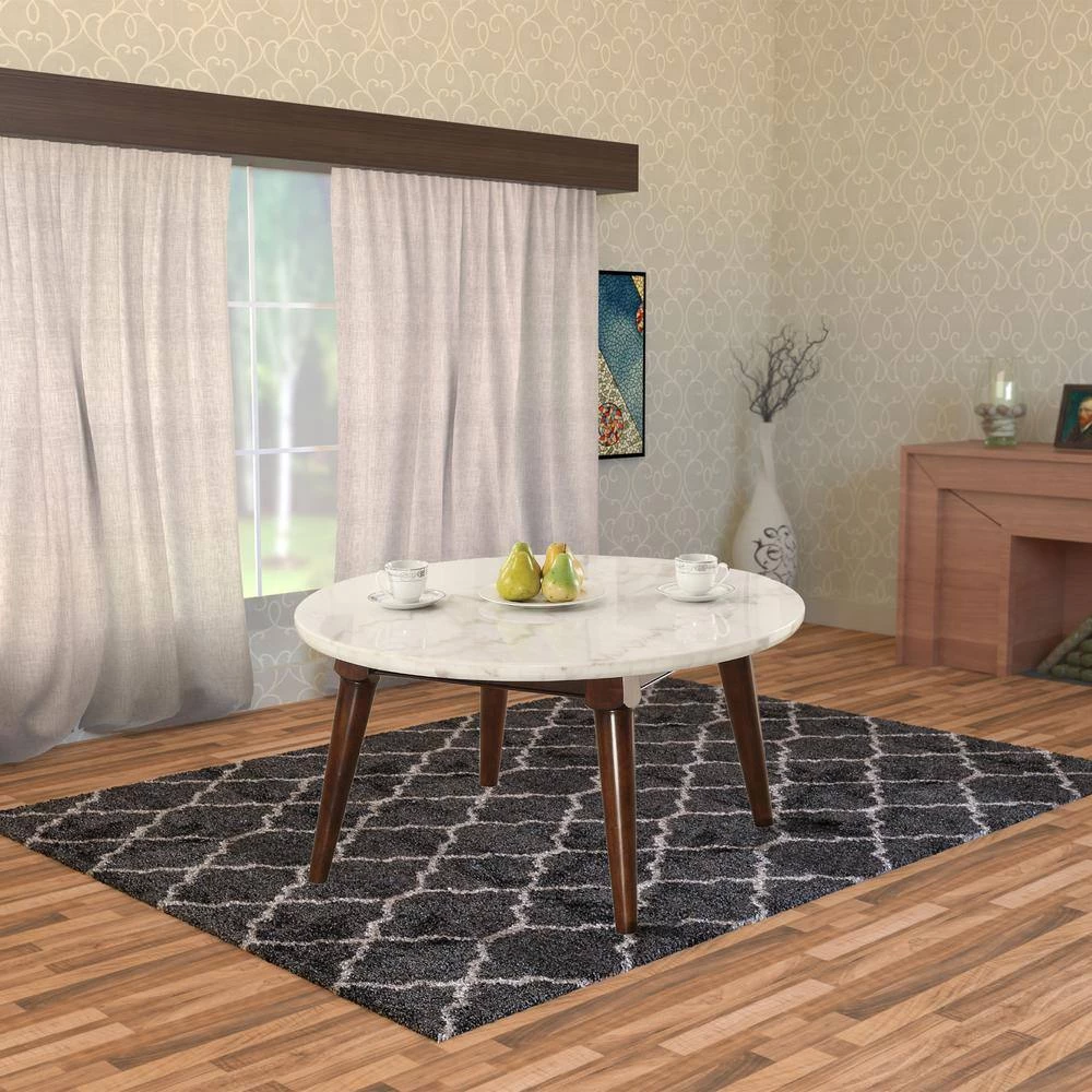 36 in. Brown/White Medium Round Stone Coffee Table with Faux Marble Top by Benjara 9 36 in. Brown/White Medium Round Stone Coffee Table with Faux Marble Top by Benjara - Image 9