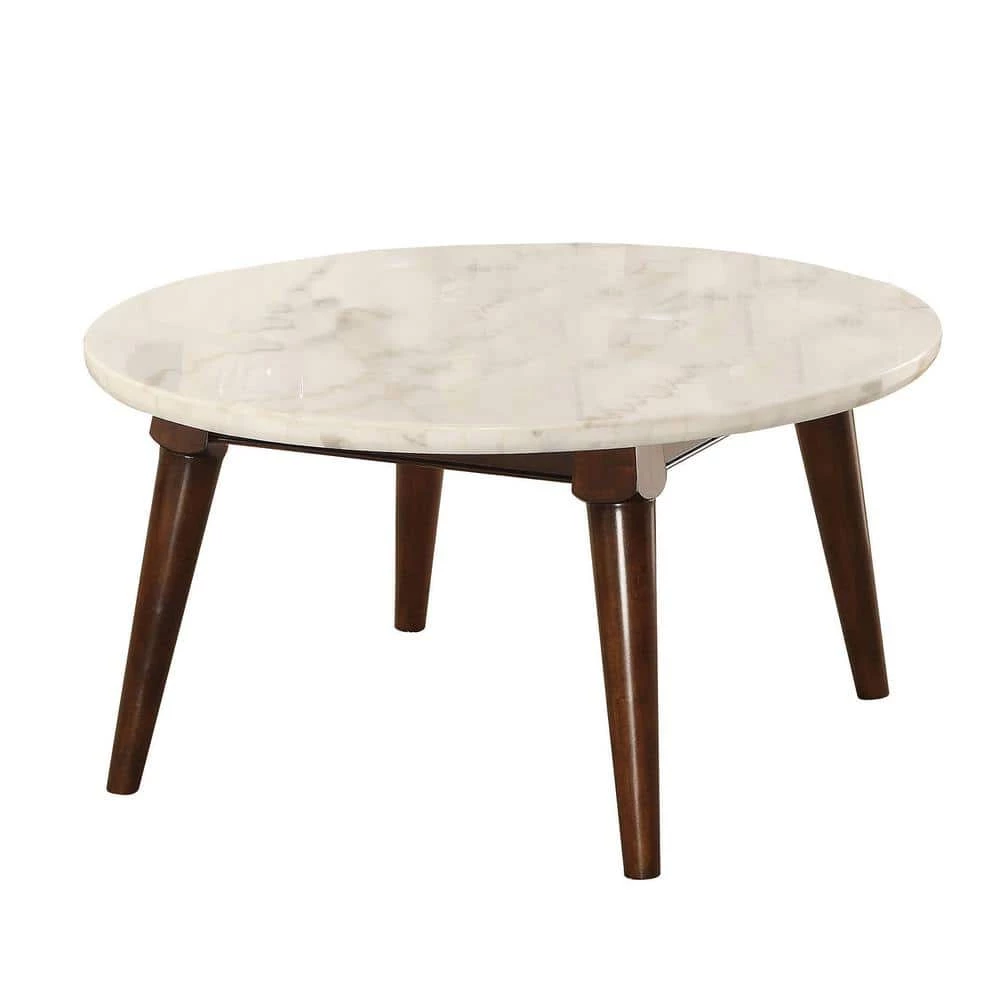 36 in. Brown/White Medium Round Stone Coffee Table with Faux Marble Top by Benjara 1 36 in. Brown/White Medium Round Stone Coffee Table with Faux Marble Top by Benjara
