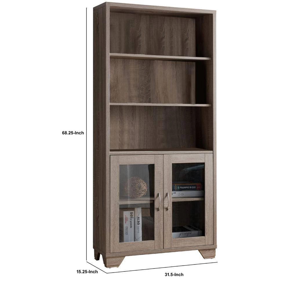 Wooden Book Cabinet Taupe Brown with Three Display Shelves and Two Glass Doors by Benjara 7 Wooden Book Cabinet Taupe Brown with Three Display Shelves and Two Glass Doors by Benjara - Image 7