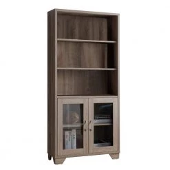 Wooden Book Cabinet Taupe Brown with Three Display Shelves and Two Glass Doors by Benjara