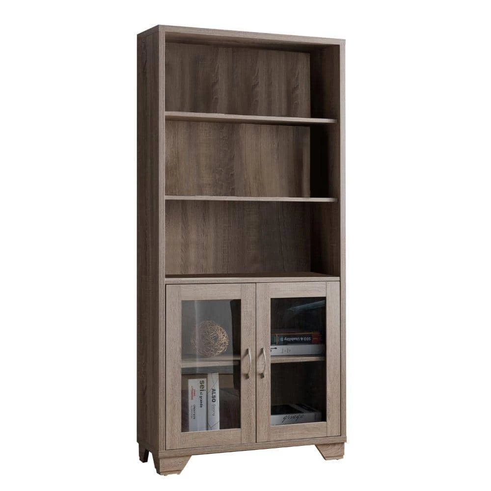 Wooden Book Cabinet Taupe Brown with Three Display Shelves and Two Glass Doors by Benjara 1 Wooden Book Cabinet Taupe Brown with Three Display Shelves and Two Glass Doors by Benjara