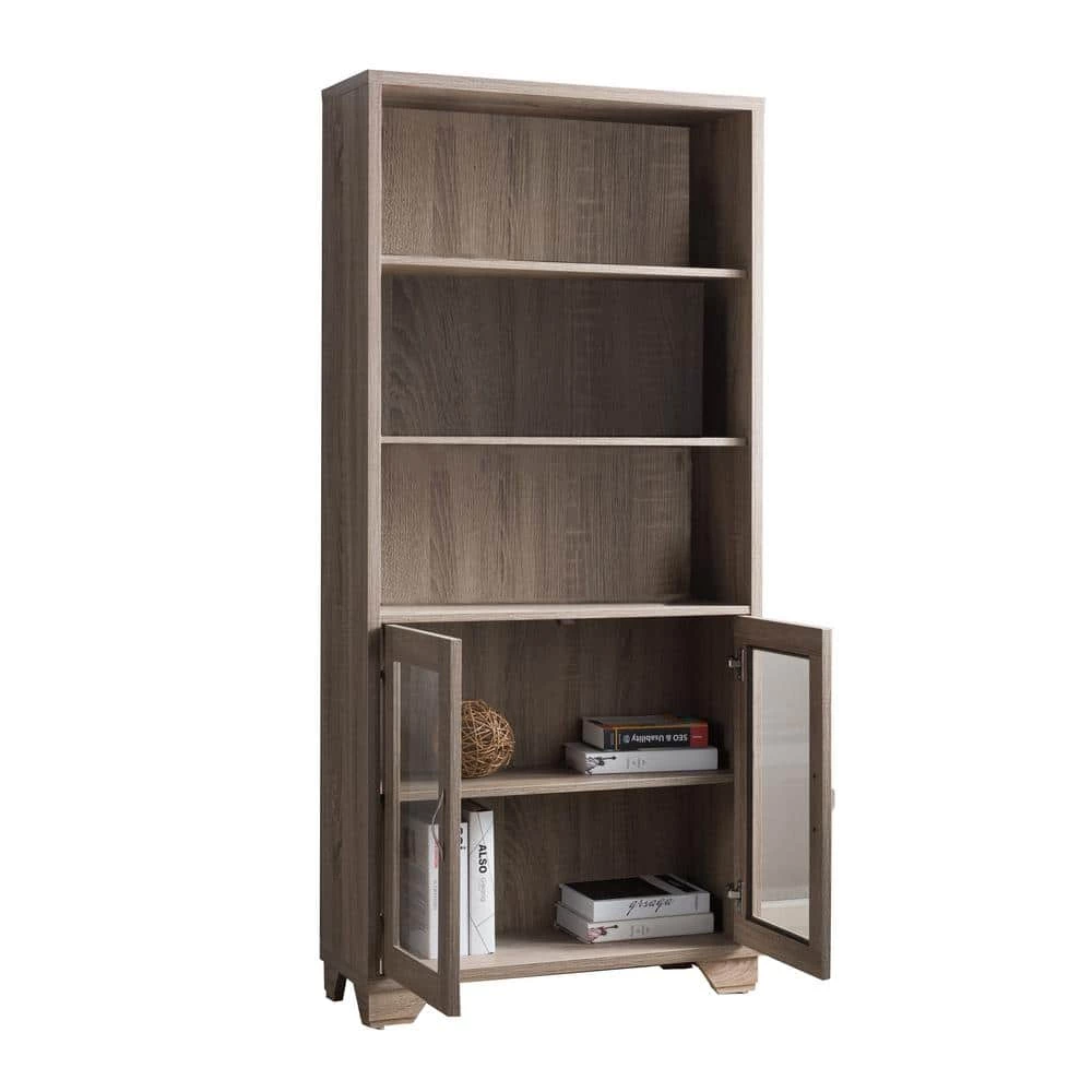 Wooden Book Cabinet Taupe Brown with Three Display Shelves and Two Glass Doors by Benjara 3 Wooden Book Cabinet Taupe Brown with Three Display Shelves and Two Glass Doors by Benjara - Image 3
