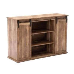 Gray Natural Rustic Media Cabinet with Barn Door and Open Storage by Benjara